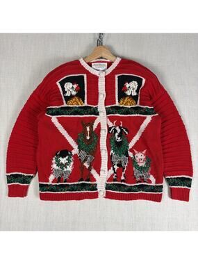 VTG Marisa Christina '94 Christmas Collection Farm Animal Large 3D Knit Cardigan